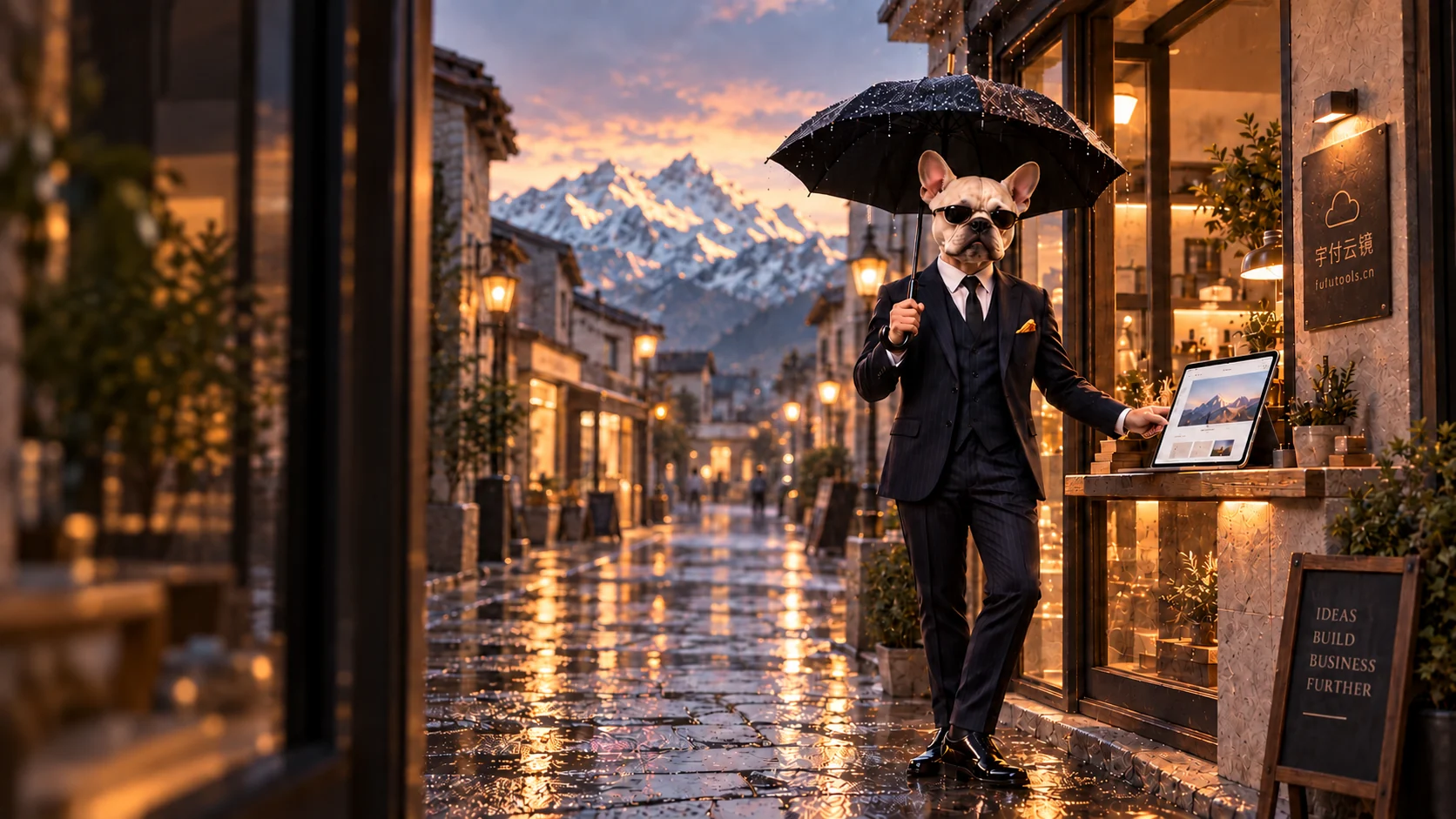 撑伞的西装法斗在高原街边展示商家网站，雨后石板路映着暖光